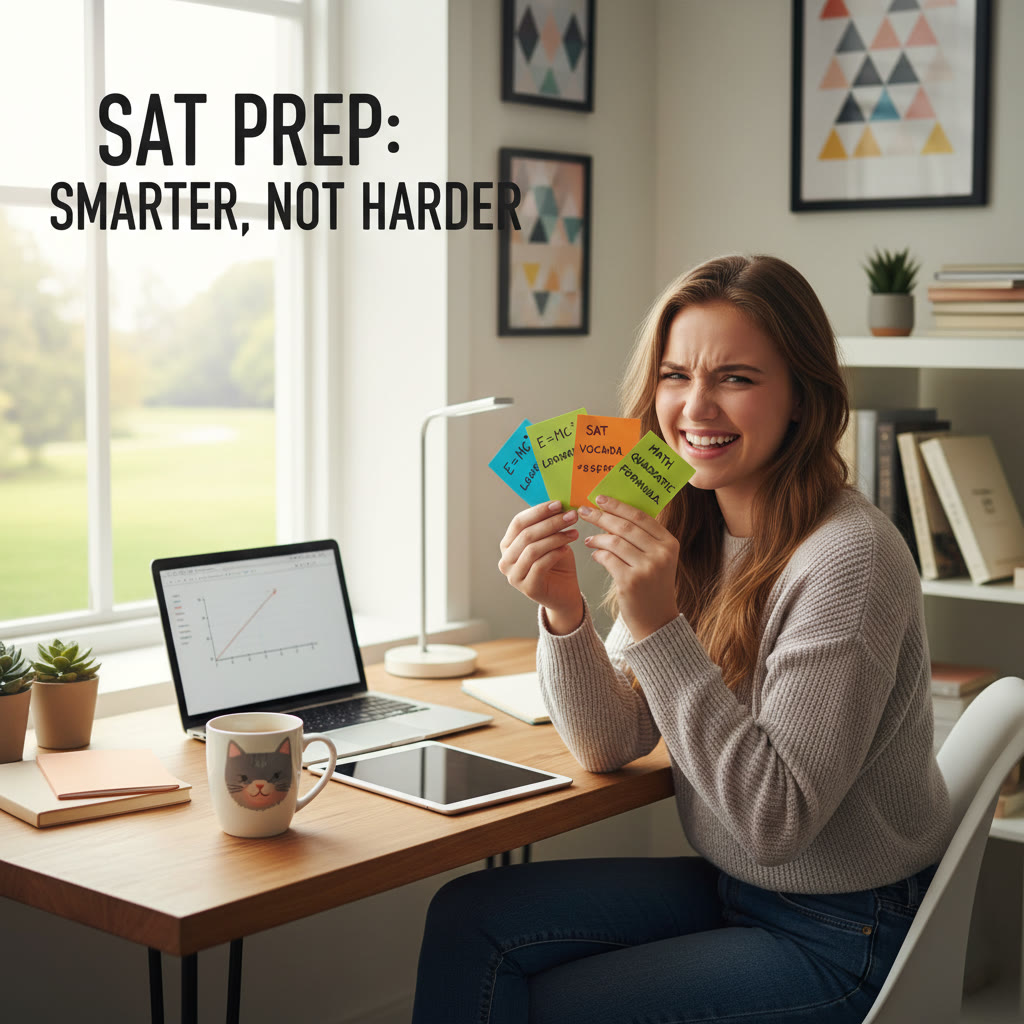 Student at a desk with colorful flashcards, showing emotion and focus — idea: modern, relaxed study environment