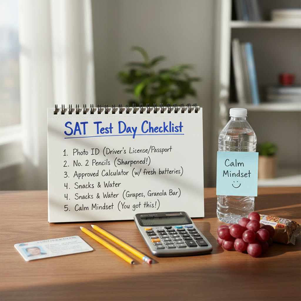 Checklist on a desk with test-day essentials: ID, pencils, calculator, snacks, and a calm mindset note.