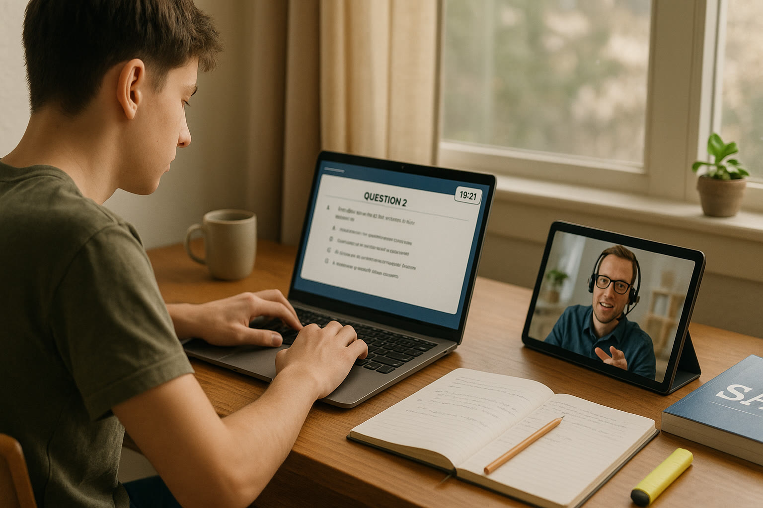Photo Idea : A calm study scene showing a teenage student using a laptop for a digital SAT practice test with a tutor visible on a tablet screen in the background—this suggests modern, hybrid preparation and focused effort.