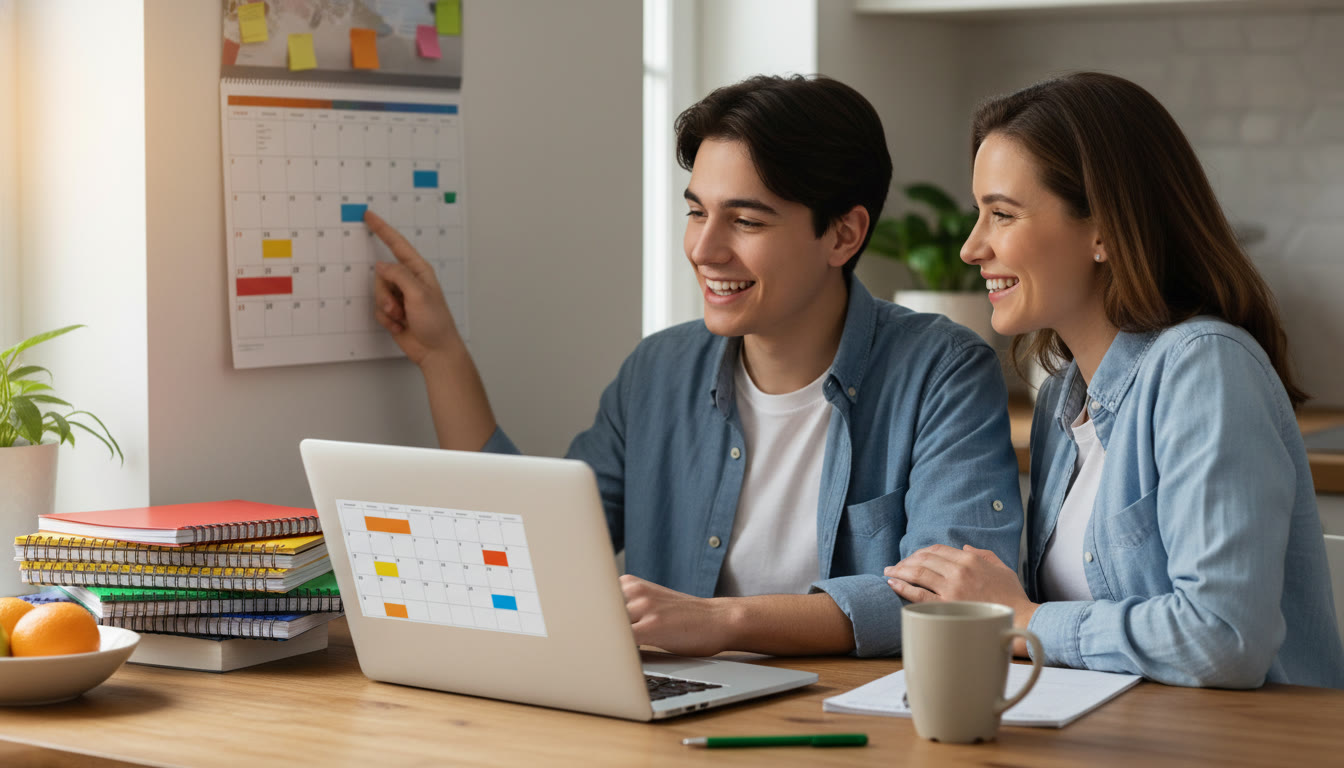 Photo Idea : A calm parent and teen at a kitchen table with a laptop and a pile of color-coded notebooks, looking over a calendar and smiling — visualizing planning after a disruption.