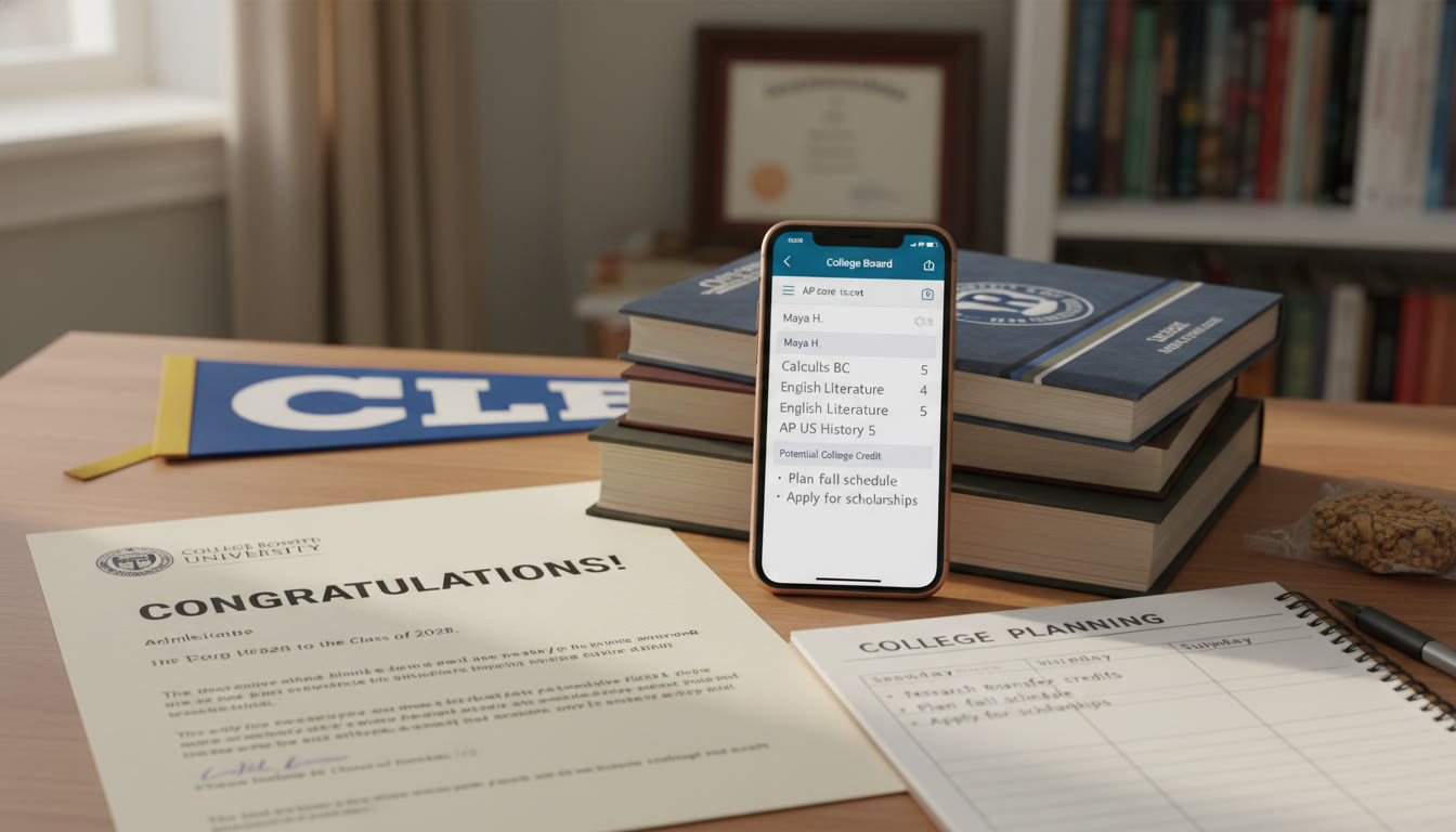Photo Idea : A college acceptance letter and a smartphone showing an AP score report, placed alongside an open notebook with a study schedule — visually connects AP scores, college credit, and planning.