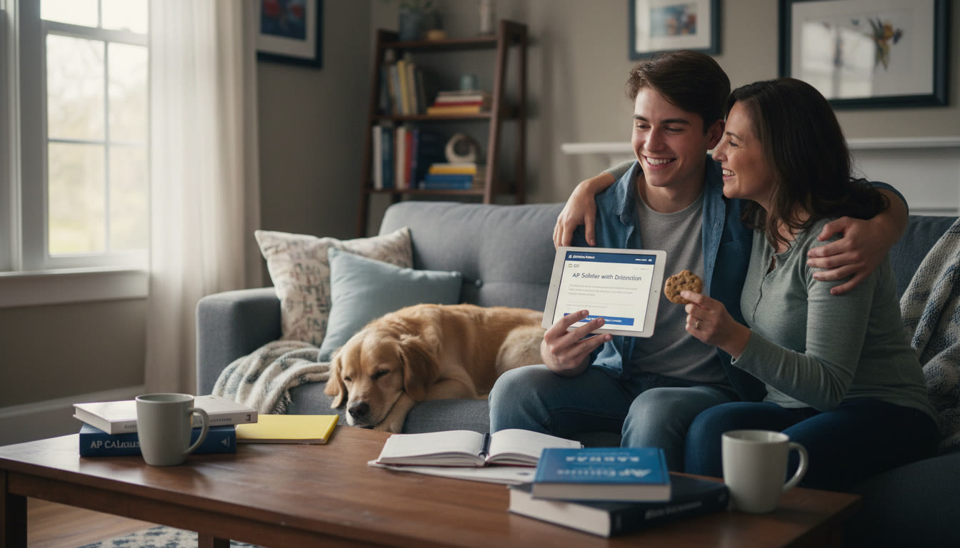 Photo Idea : A cozy family scene where a student receives a congratulatory hug or small treat after a study milestone this reinforces celebration and support in the home.
