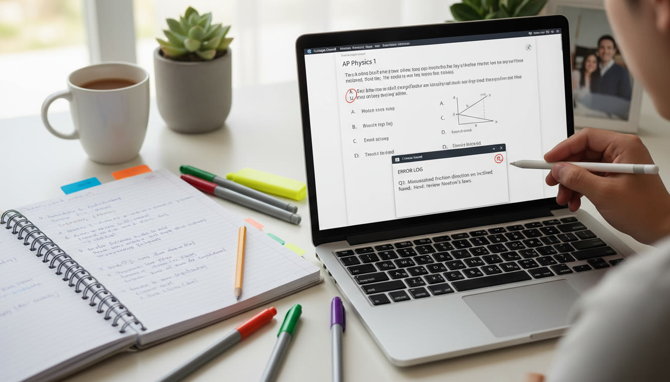 Photo Idea : A tidy notebook open on a desk with colorful tabs and pens, next to a laptop showing an AP practice question. The scene feels calm and intentional — a student logging an error.