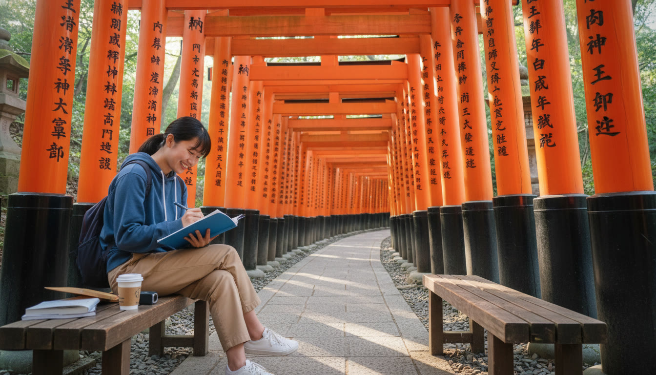 Photo Idea : A bright, early-morning shot of Fushimi Inari’s torii gates with a student taking notes—captures history, language, and study in one frame.