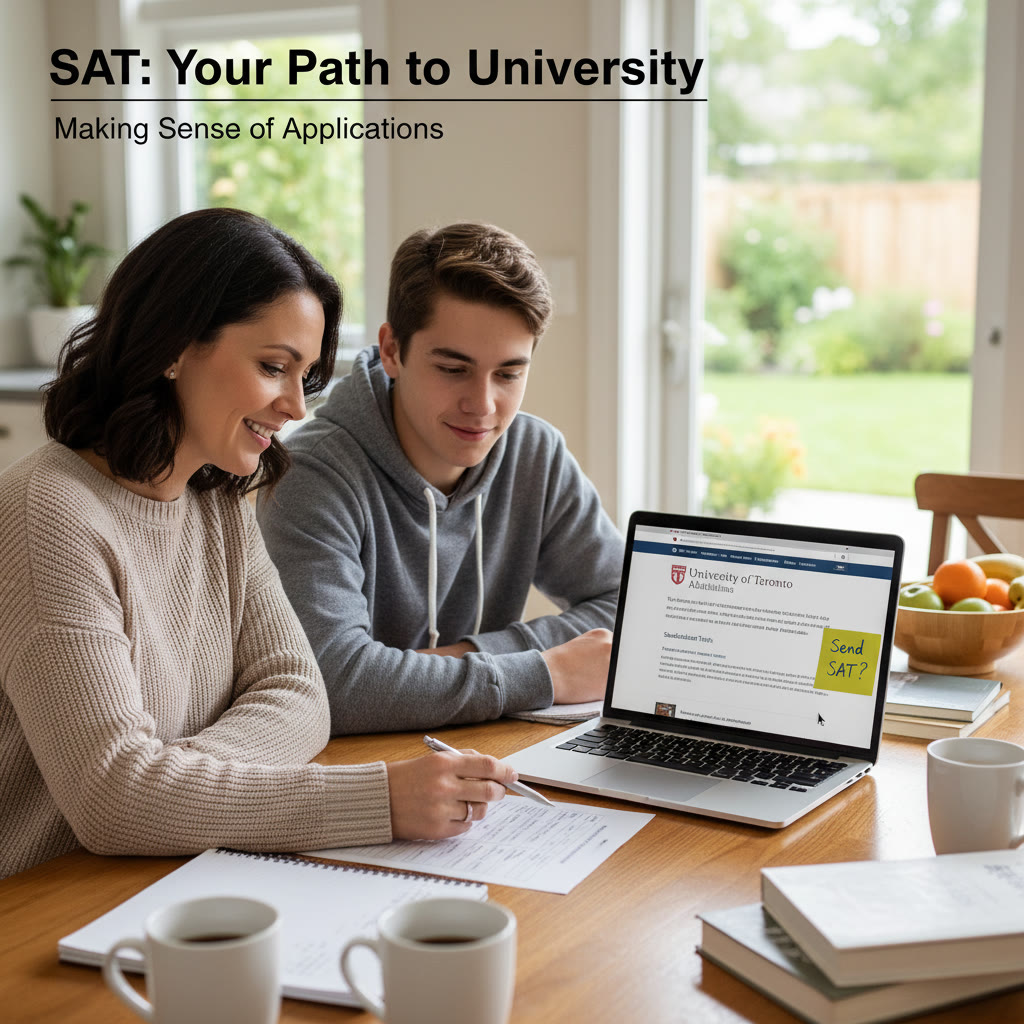 Photo Idea : A parent and student at a kitchen table reviewing a printed checklist of application items, with a laptop open to the University of Toronto admissions page and a sticky note that reads 