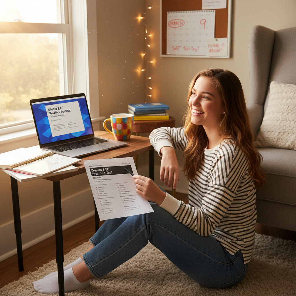 Photo Idea : A candid shot of a high school student studying in a cozy bedroom with a laptop, notebooks, and a printout of a Digital SAT practice section visible on the desk.