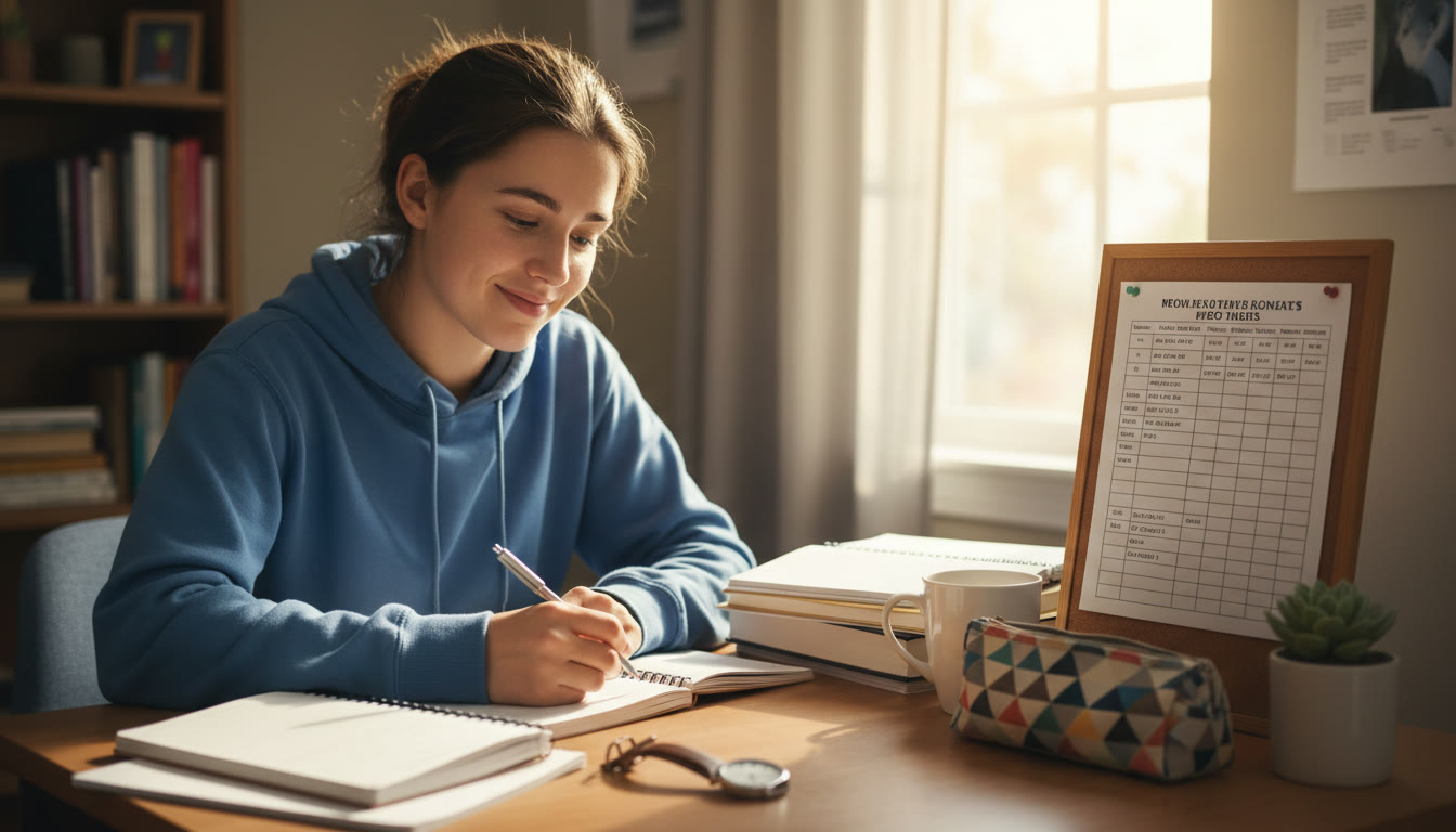 Photo Idea : A student at a tidy desk in soft morning light with a watch, a pencil case, and a printed timetable—calm, focused, ready to start the day.