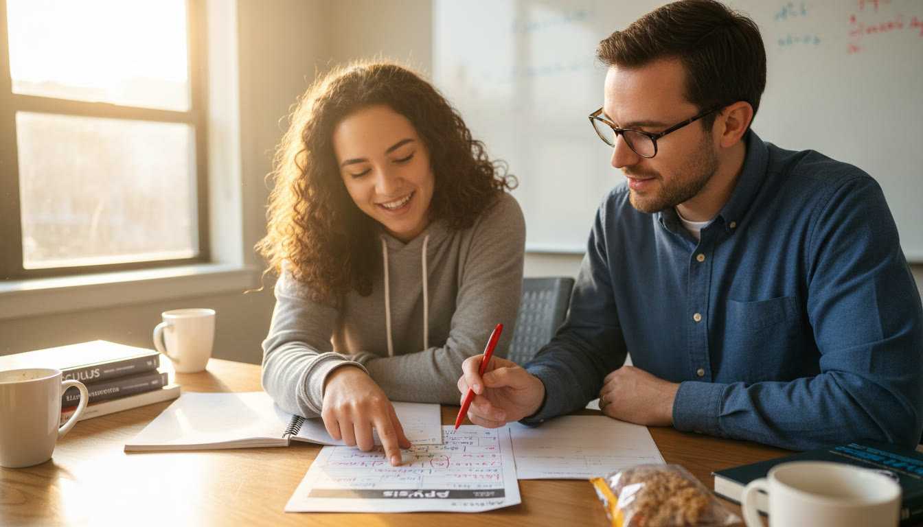 Photo Idea : A quiet study scene where a tutor and student review a graded FRQ together, red pen notes visible—captures personalized feedback and collaborative energy.