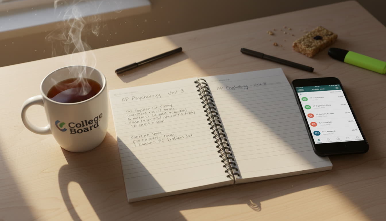 Photo Idea : A top-down shot of an open notebook, a steaming mug of tea, and a smartphone showing a digital planner — warm morning light on the scene to suggest a calm study warm-up.
