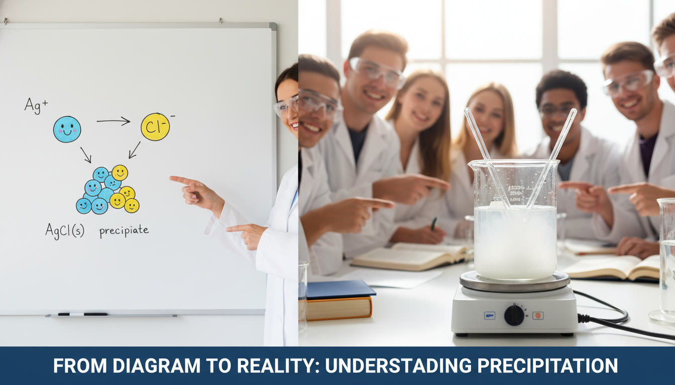 Photo Idea : A side-by-side comparison photo: left shows a cartoon particulate diagram on a whiteboard; right shows a lab beaker with a visible precipitate — caption-style composition to suggest 