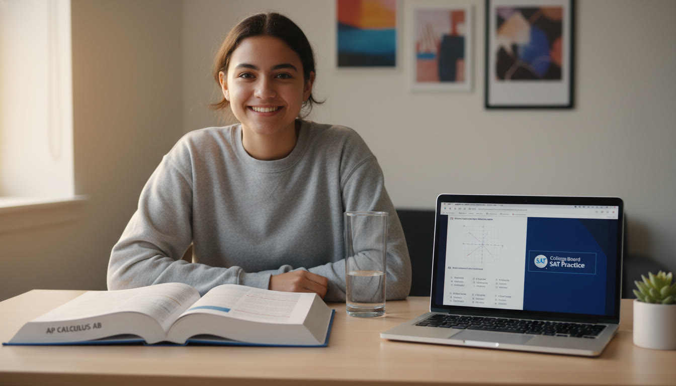Photo Idea : A student at a clean desk, with an open AP textbook on one side and a laptop showing SAT practice questions on the other soft natural light, a water bottle, and a calming plant to suggest balance.