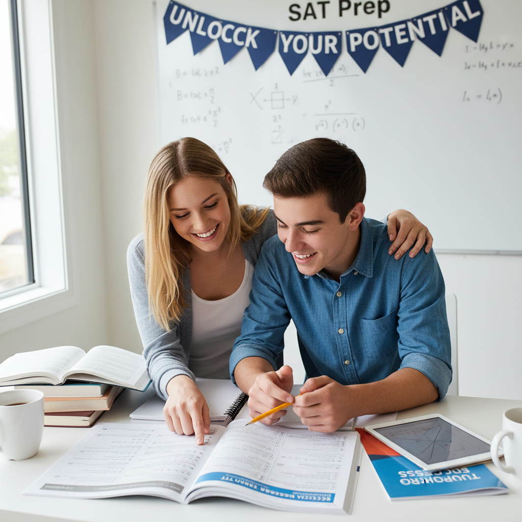 Tutor and student reviewing a practice test, pointing at a problem — friendly 1-on-1 guidance scene
