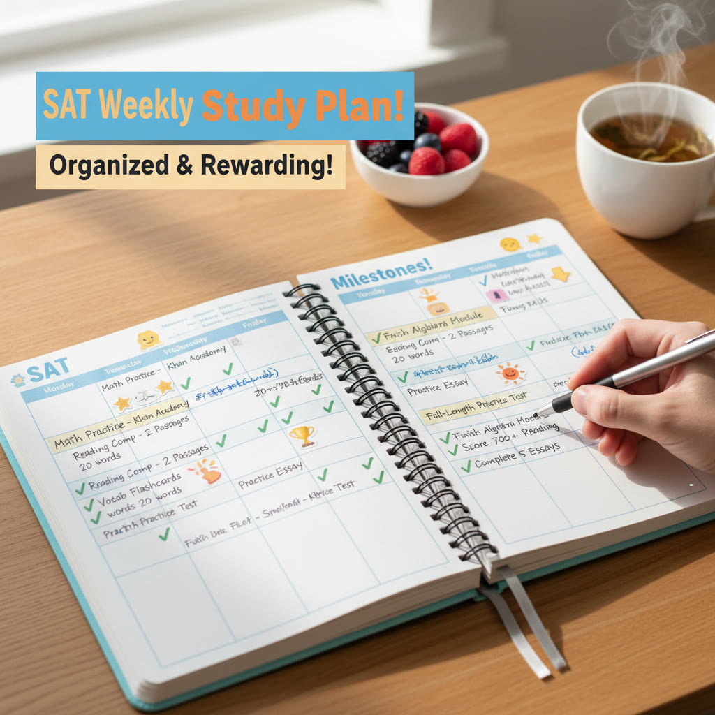 Close-up of a weekly planner with checkmarks and small stickers marking milestones — suggests an organized and rewarding study system.