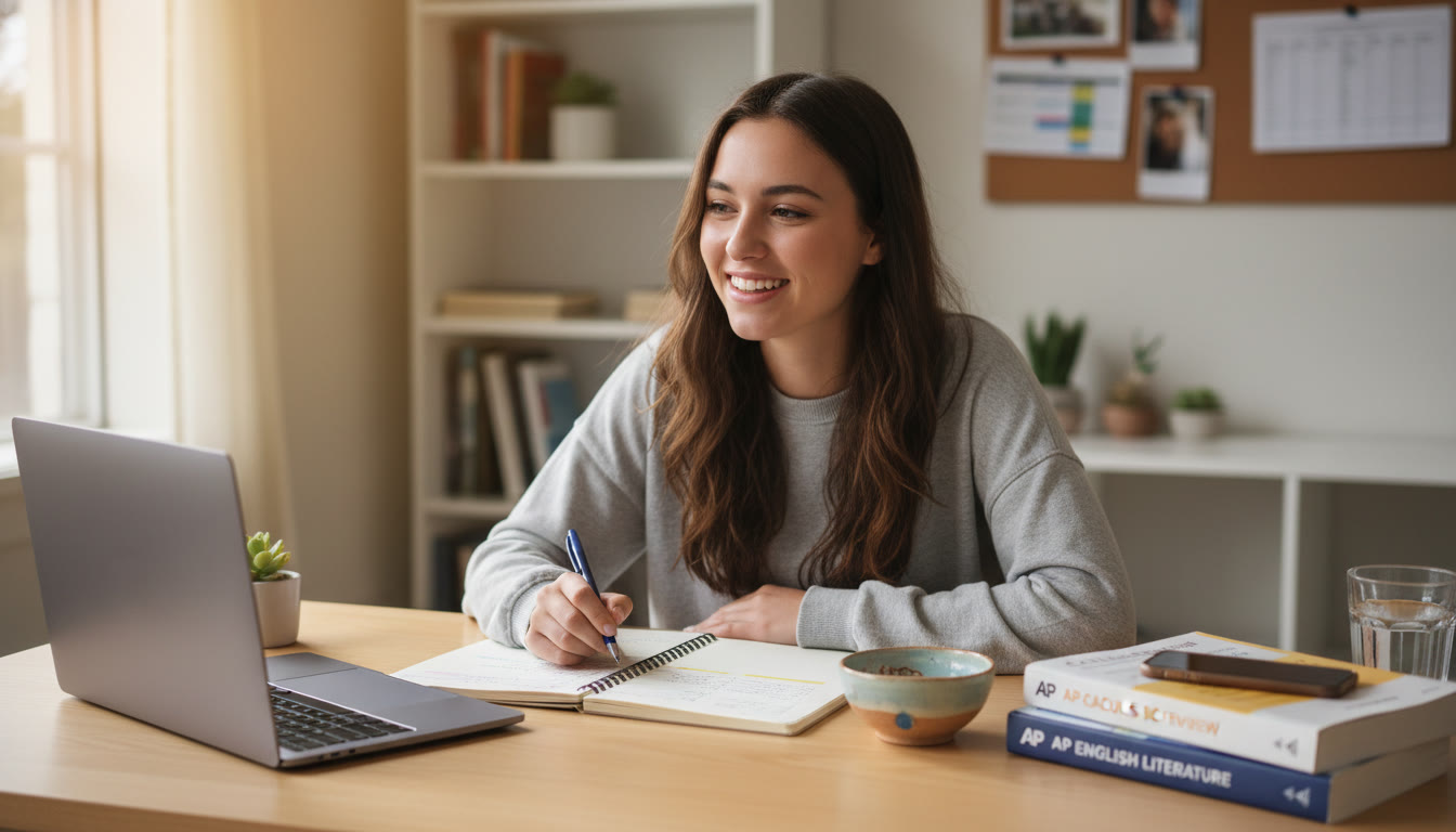Photo Idea : A student at a tidy study desk with a closed laptop, a notebook open with handwritten notes, and a phone face-down in a small bowl—soft natural light, calm atmosphere to evoke intentional study.