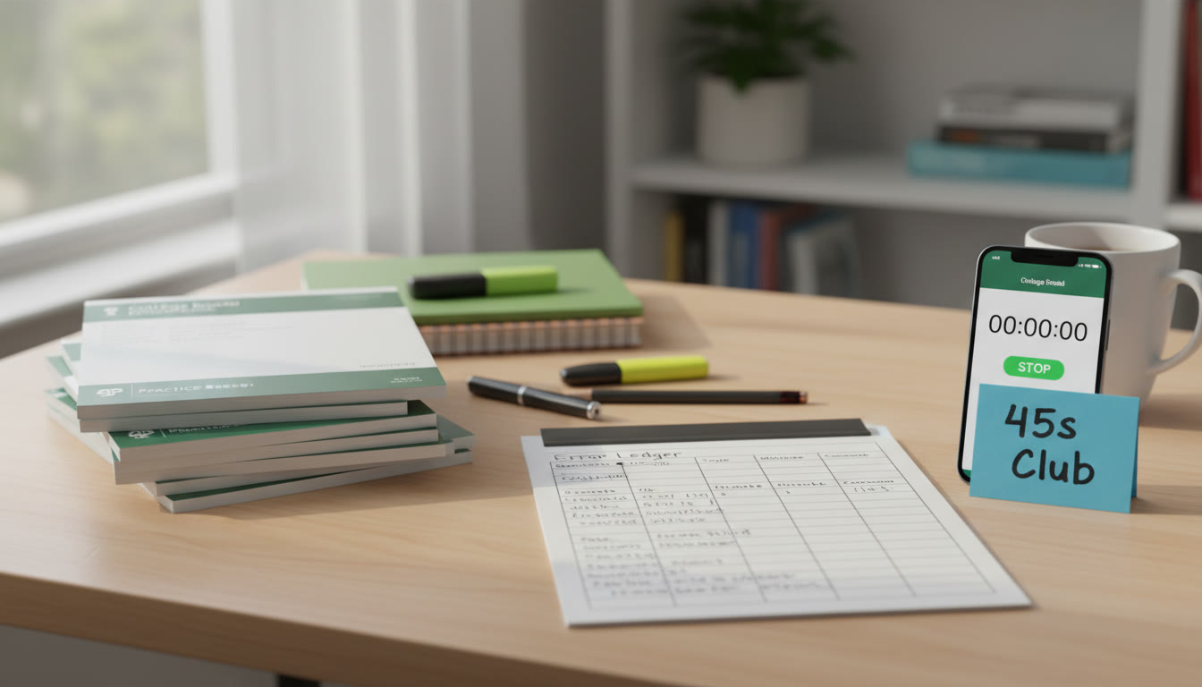 Photo Idea : A tidy desk after a practice session showing a printed error ledger, a timer app, and a notecard labeled 