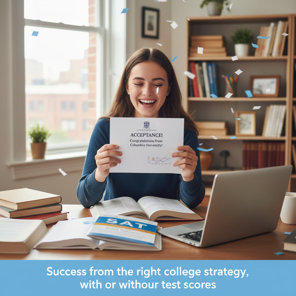Photo idea: A celebratory moment of a student opening a college acceptance letter, with books and a laptop nearby — description: “Success from the right college strategy, with or without test scores.”