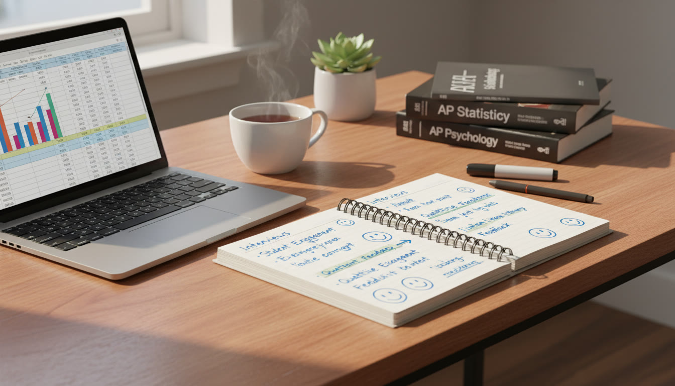 Photo Idea : A bright study desk with a laptop open to a spreadsheet on one side and handwritten interview notes on the other, symbolizing the contrast and complement of quantitative and qualitative work.