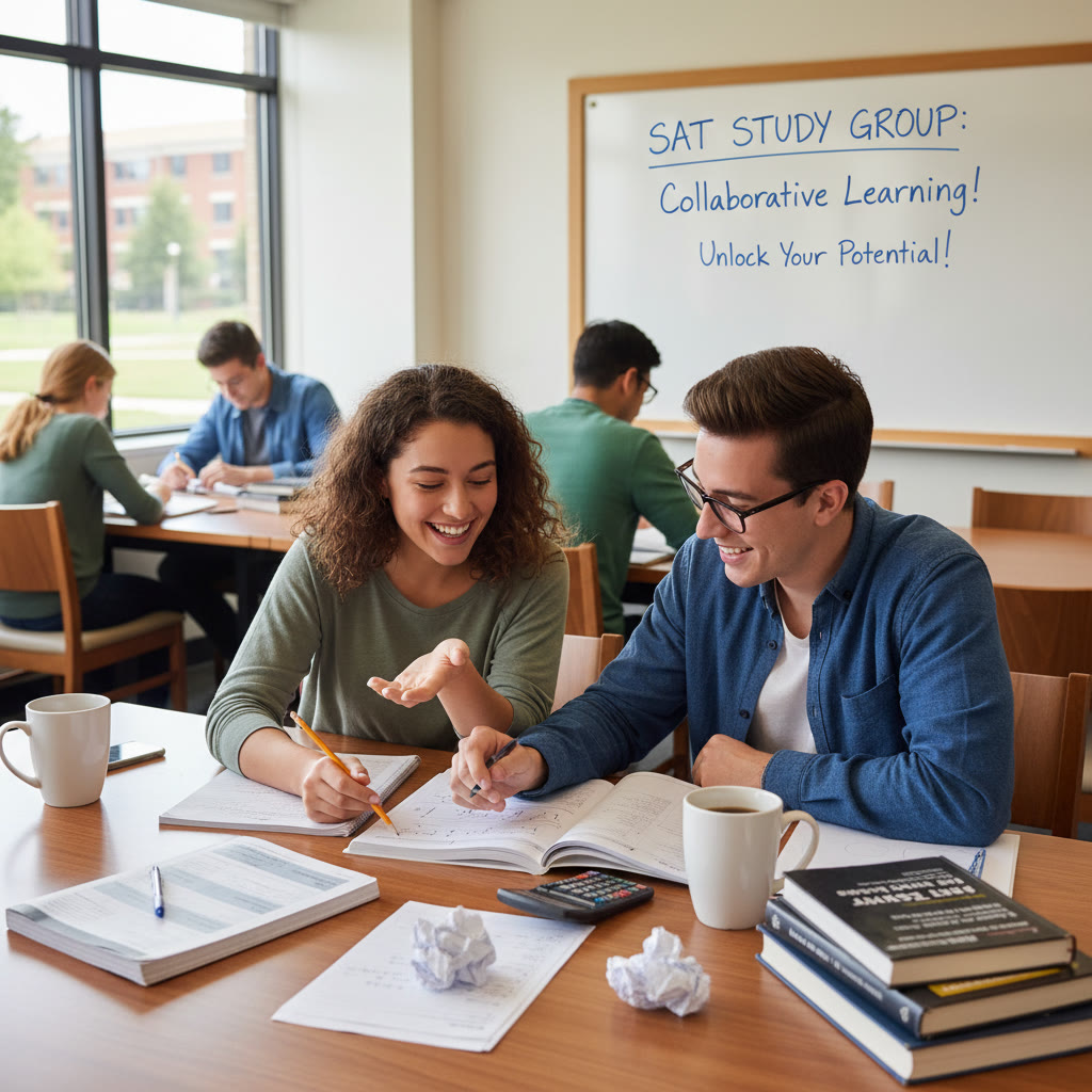 Two students at a table, one explaining a math problem to another, notebooks and practice tests scattered — captures collaborative learning and peer explanation.
