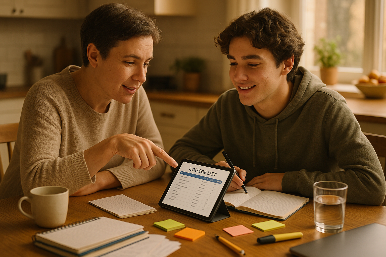 Photo Idea : A parent and teen at a kitchen table, reviewing a college list on a tablet, surrounded by notebooks and a mug; warm, collaborative vibe to show family planning.