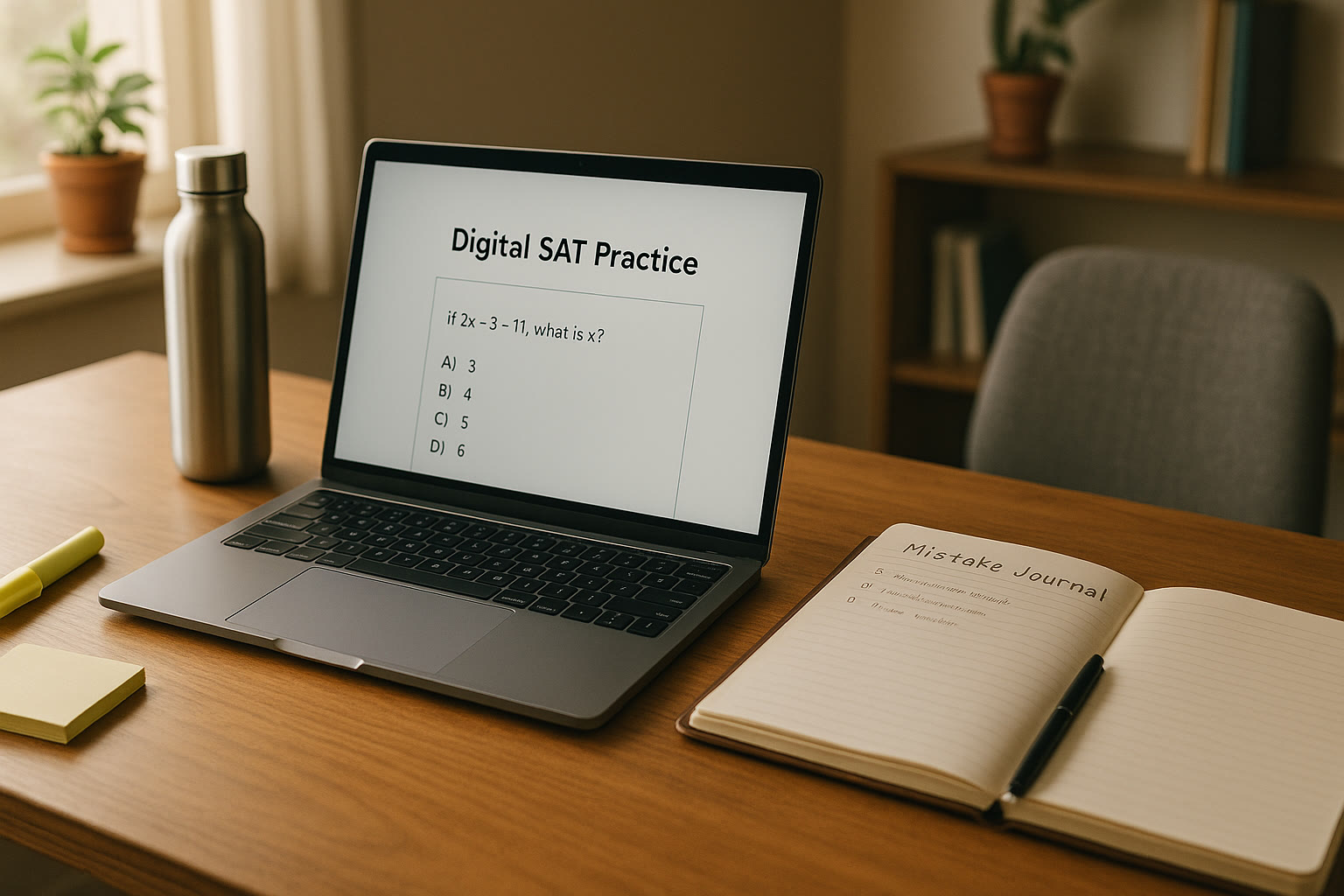Photo Idea : A calm study space with a laptop showing a Digital SAT practice question, a tidy mistake journal, a water bottle, and a comfortable chair—visualizing balance and focused preparation.