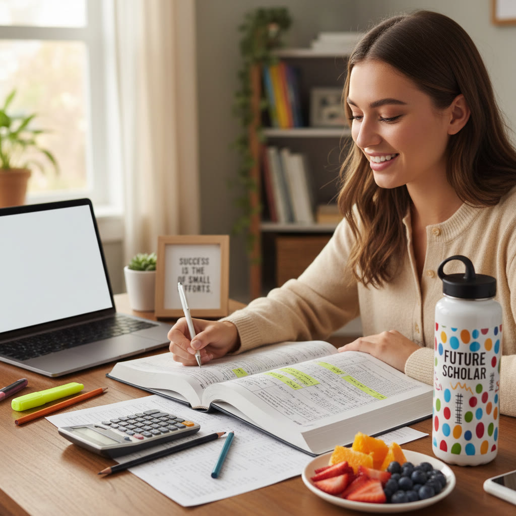 Photo idea: A student’s study desk with an open SAT prep book, a marked reusable water bottle, and a small plate of fruit — warm natural light, relaxed but focused atmosphere.