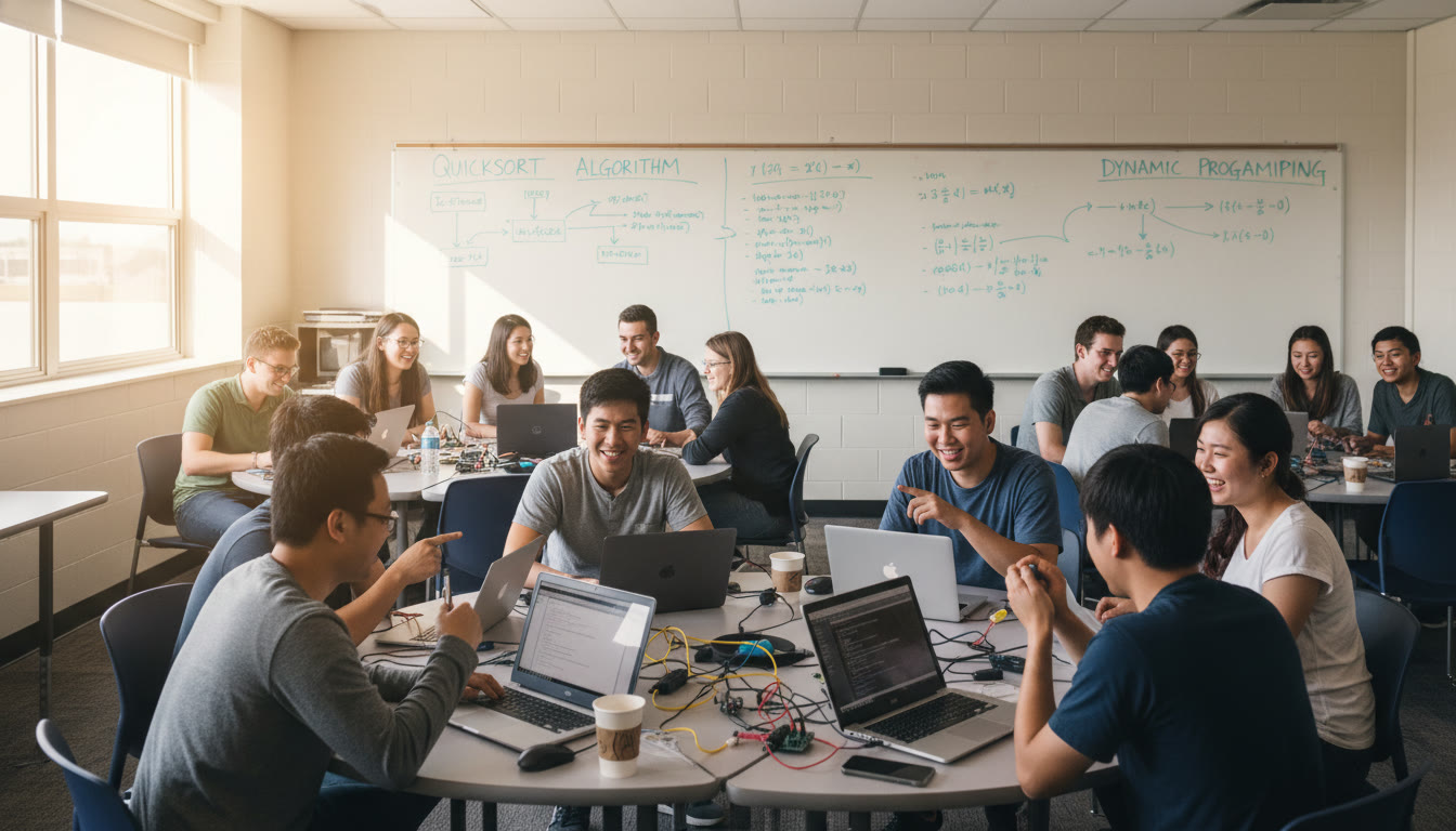 Photo Idea : A panoramic image of a community college classroom where students collaborate on a coding project, with a whiteboard of algorithms in the background. Place this image in the middle of the article to emphasize the role of CC coursework and teamwork.