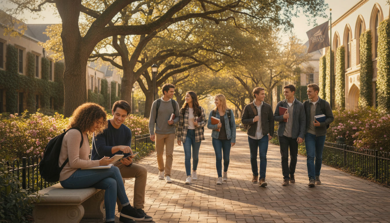 Photo Idea : A sunny campus pathway with students walking and talking in small groups; one student is reviewing notes on a tablet — conveys the transition from high school AP study to college classroom life.
