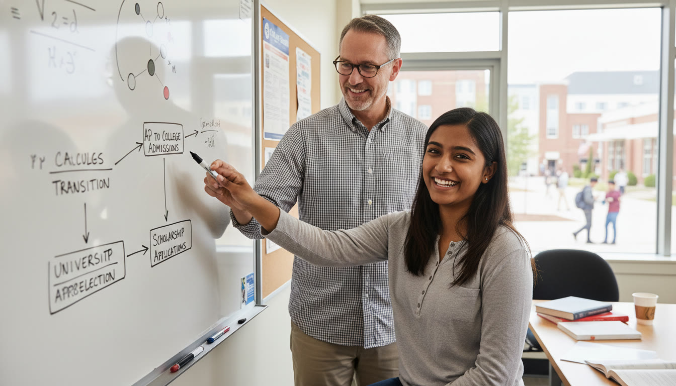 Photo Idea : A study scene with a student working one‑on‑one with a tutor over a whiteboard, equations and diagrams visible—illustrates personalized tutoring and targeted prep for AP to college transition.