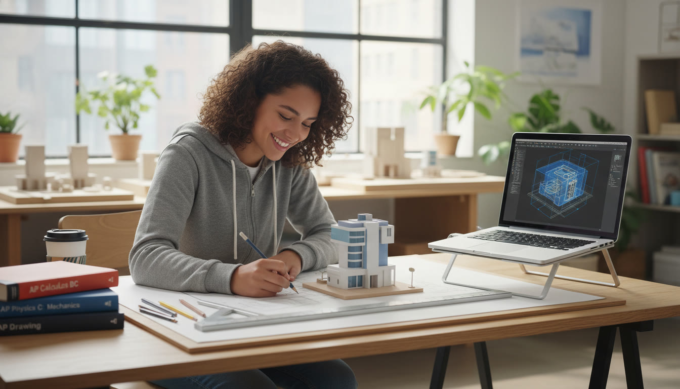 Photo Idea : A bright studio scene showing a student sketching a building model with drafting tools, a laptop displaying a CAD sketch, and a stack of AP prep books nearby   visualizing the intersection of creativity and calculation.