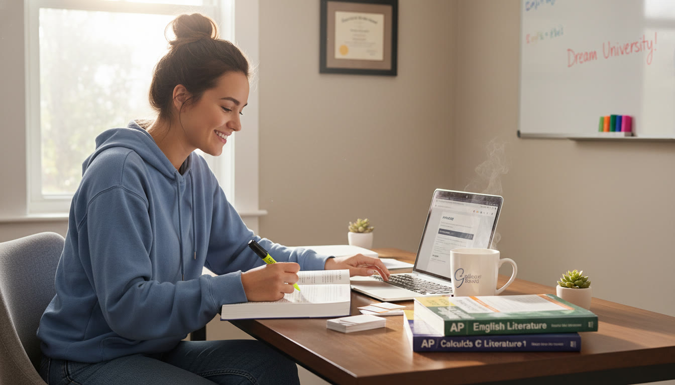 Photo Idea : A bright, inviting photo of a student sitting at a desk with AP review books, a laptop open to a college website, and a coffee mug — the visual shows research-in-action and determination.