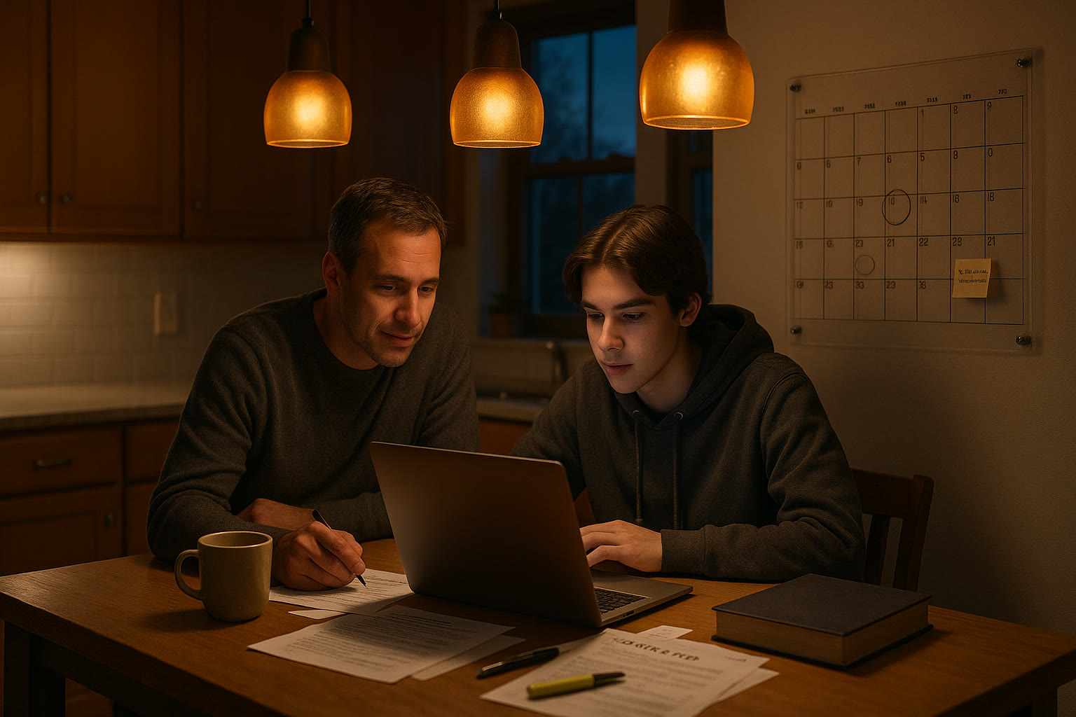 Photo Idea : A calm kitchen scene at dusk with a parent and teen working side-by-side on a laptop and practice test materials, warm lighting, coffee mug, and a wall calendar showing application deadlines.