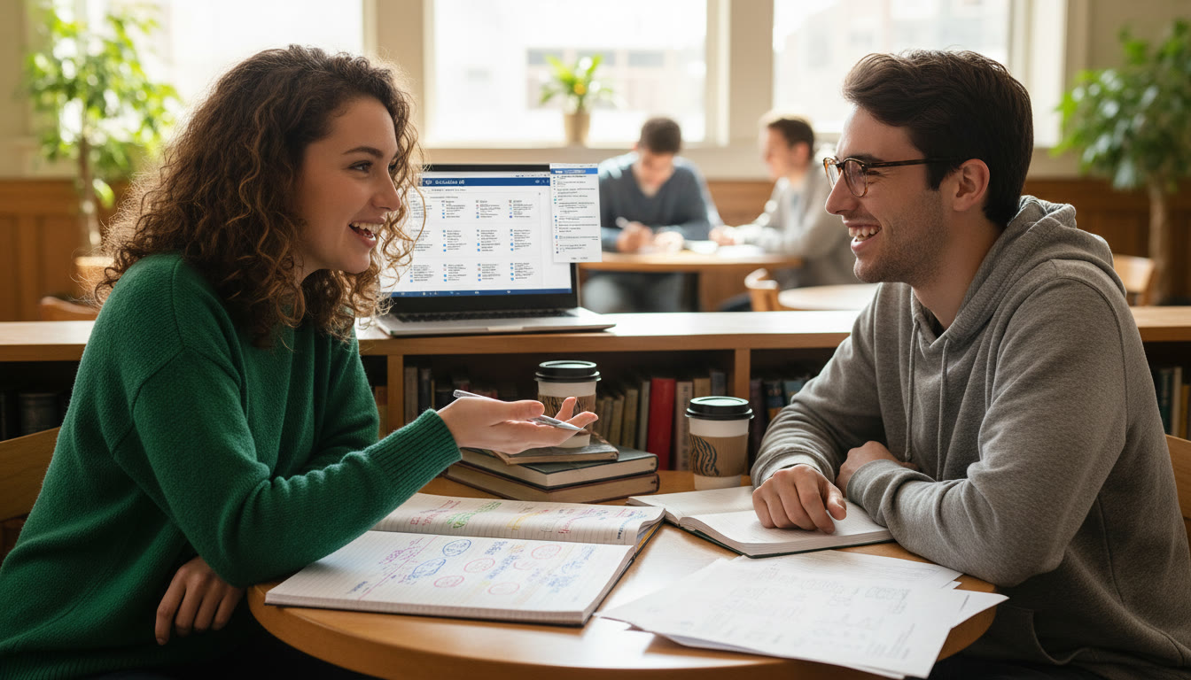 Photo Idea : A pair of students at a small table, one explaining her reasoning to the other with a notebook full of annotations; a laptop displaying a practice exam and a tutor’s notes in the background. Mood: collaborative, growth-focused.
