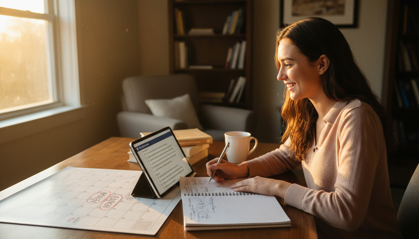 Photo Idea : A student at a desk with a calendar, notebook open, and a tablet showing a practice problem — warm late-afternoon light, suggesting steady, calm study.