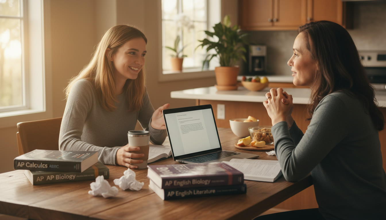 Photo Idea : A student at a kitchen table with AP books and a laptop, talking calmly to a parent across the table; natural daylight, warm tones to emphasize a supportive, real conversation.