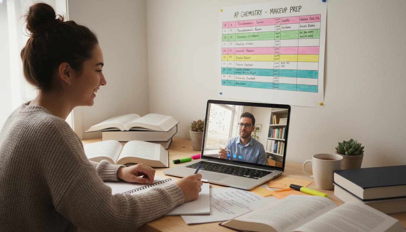 Photo Idea : A calm scene of a student and tutor in a video session with notes and a timetable—illustrates supportive, focused guidance during a makeup prep period.