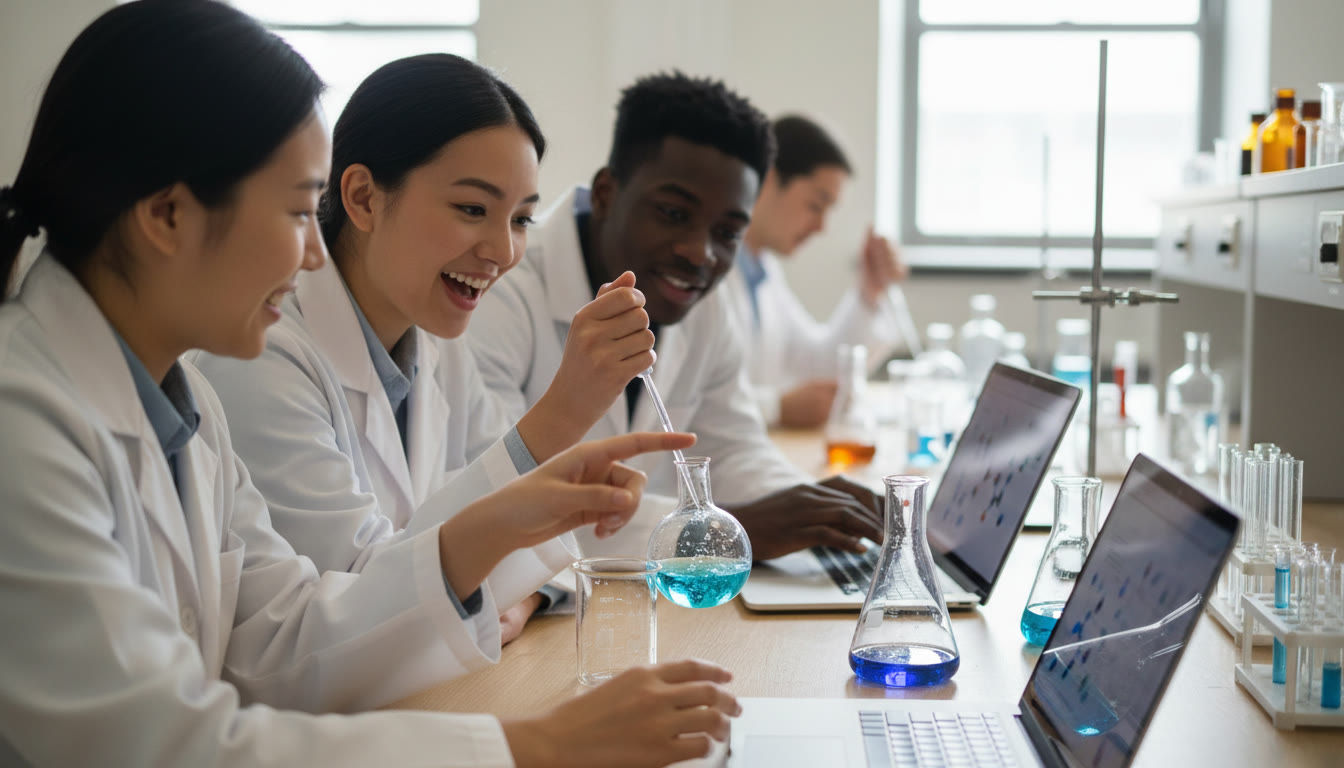 Photo Idea : A close-up of students in a bright, well-equipped science lab working together on an experiment, with clear glassware, laptops, and visible collaboration — emphasizes hands-on learning and lab community.