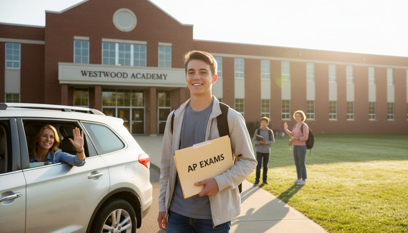 Photo Idea : A bright, hopeful image of a student walking into their high school holding a folder labeled 