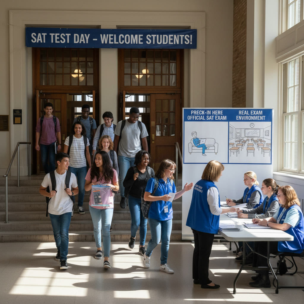 Test-day scene: students entering a testing center, checking in at a proctor table — to illustrate environmental differences between practice and real exam.