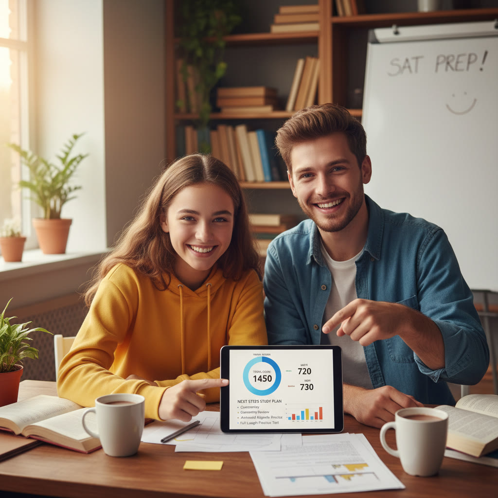 A small study scene: a tutor and student with a tablet, both pointing at a score breakdown and planning a next-step study plan.