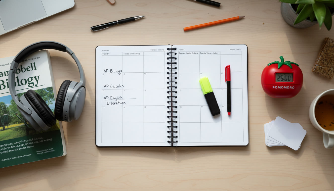 Photo Idea : Top-down shot of a study planner, noise-cancelling headphones, and a timer set for a Pomodoro session — communicates organization and intentional focus.