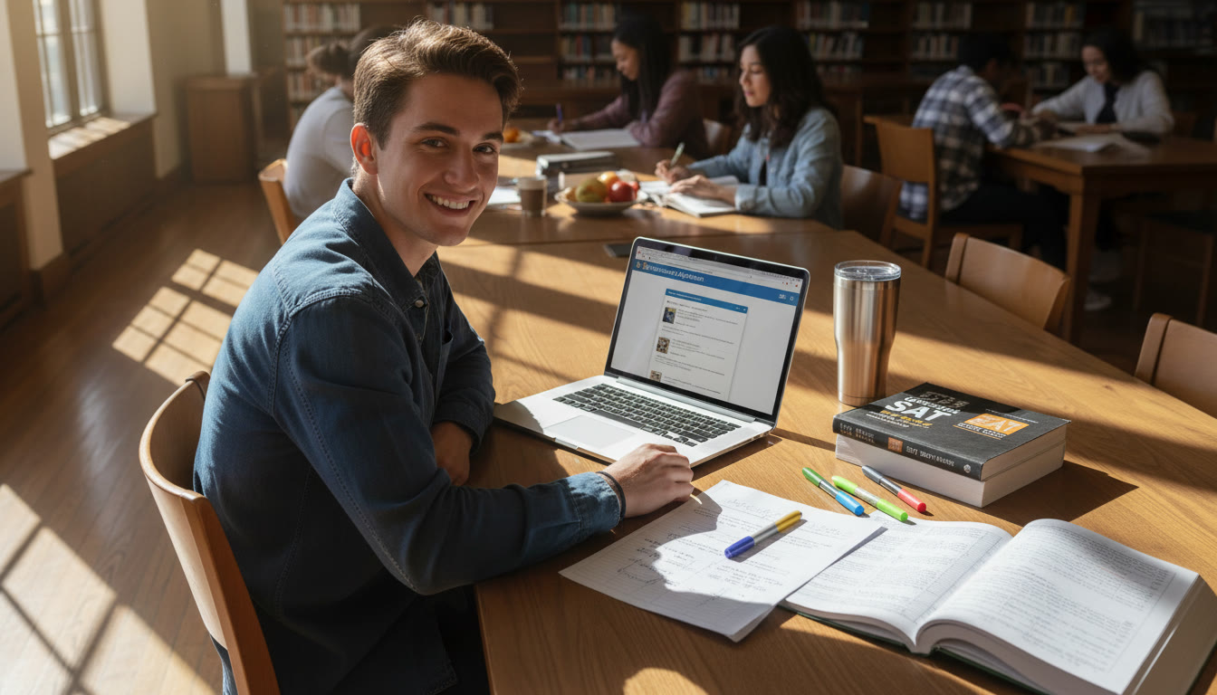 Photo Idea : A student studying at a sunny library table with an open laptop, SAT prep book, and handwritten notes — reflecting focused exam preparation and college research.