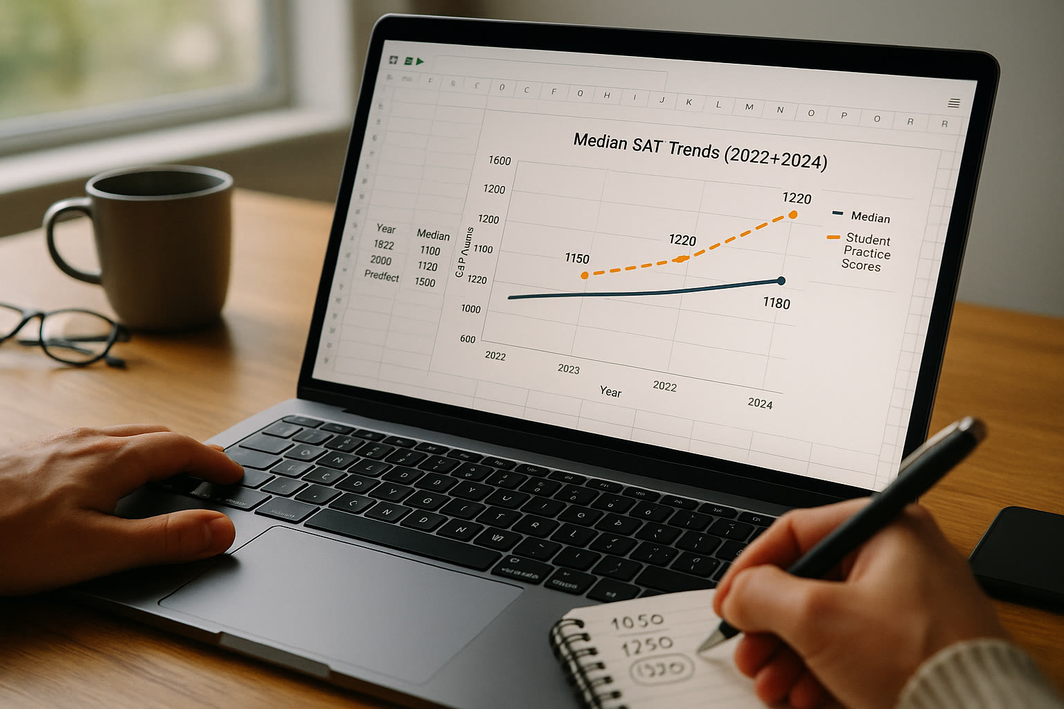 Photo Idea : Close-up of a spreadsheet on a laptop screen showing a line chart of median SAT trends over three years, with a student’s practice scores plotted for comparison — clean interface, focused hands taking notes.