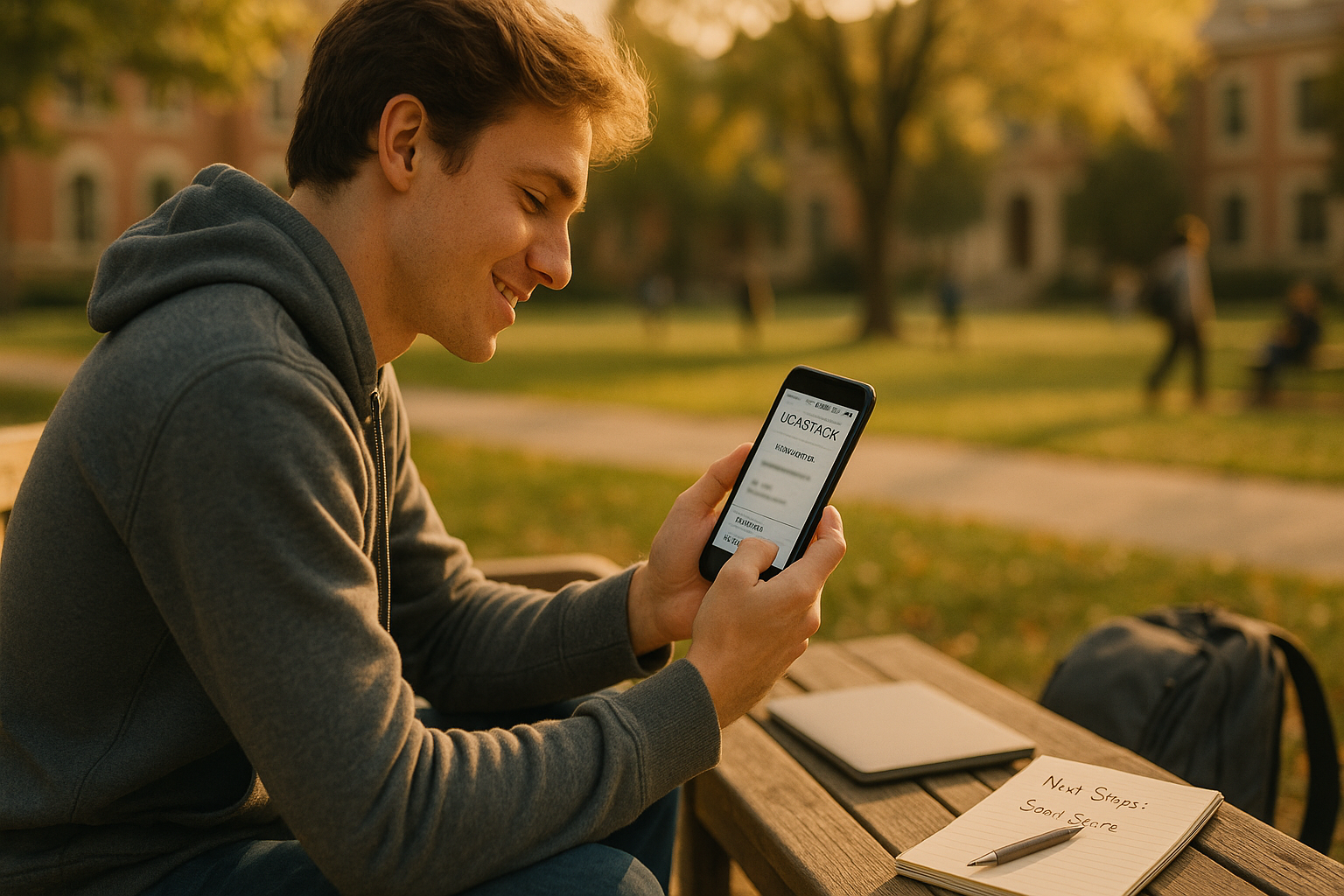 Photo Idea : A candid shot of a student in a campus-like environment reading their UCAS Track on a phone, with a notepad labeled “Next Steps: Send Score?” nearby. The mood should be optimistic and forward-looking.