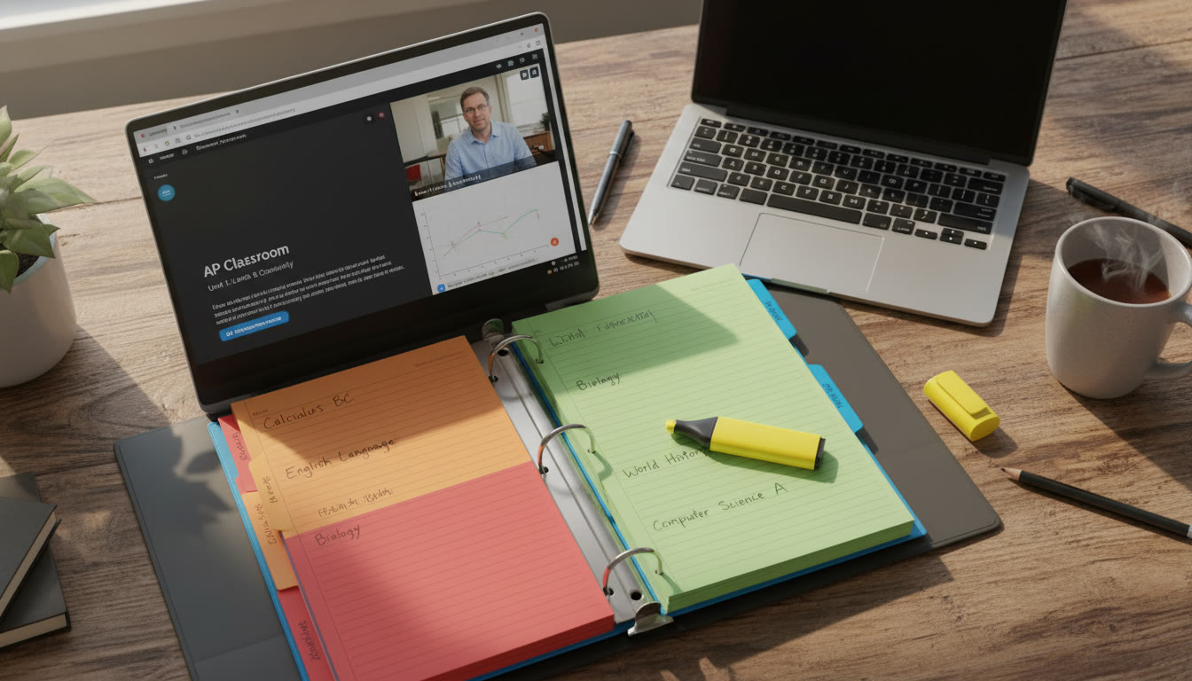 Photo Idea : Top-down photo of an open binder on a wooden desk with labeled dividers, color-coded notes, a laptop showing an AP Classroom video, and a highlighter—warm natural light, cozy study vibe.