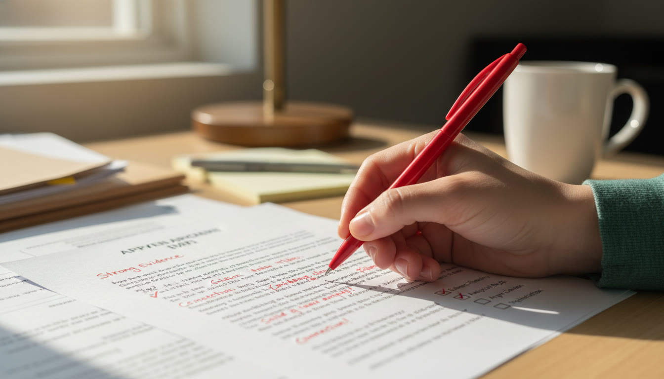 Photo Idea : A close-up of a grader’s hand marking a well-structured essay with annotations and a checklist — emphasizes the payoff of clean evidence hierarchy and strong analysis. Place near the closing section for effect.