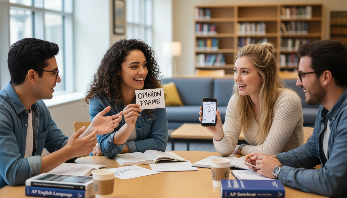Photo Idea : A small study group around a table practicing speaking with index cards. One student holds a card labeled 