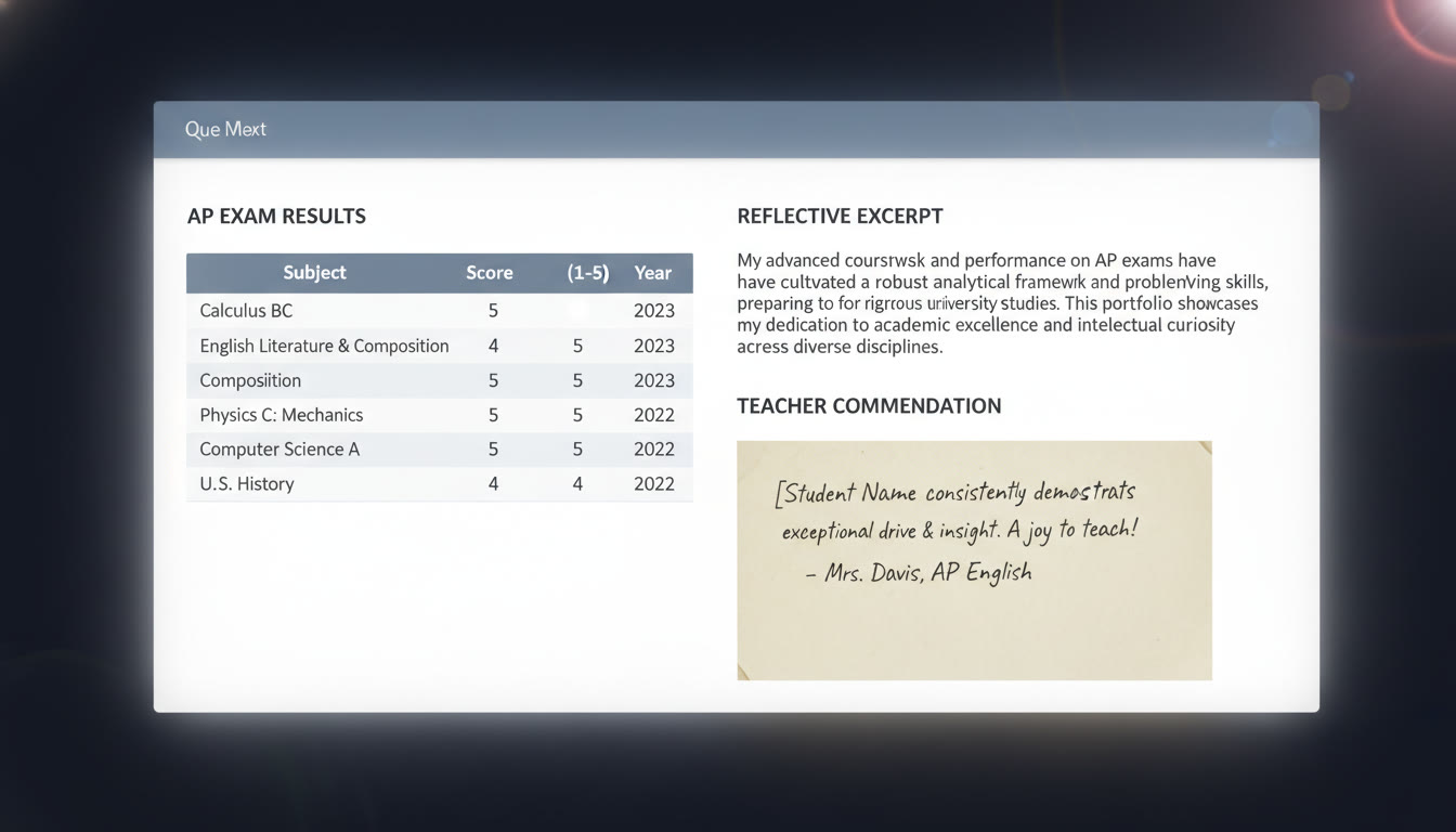 Photo Idea : A clean digital portfolio screenshot showing a table of AP exams, a reflection excerpt, and a scanned teacher note — emphasizes organization and professionalism.