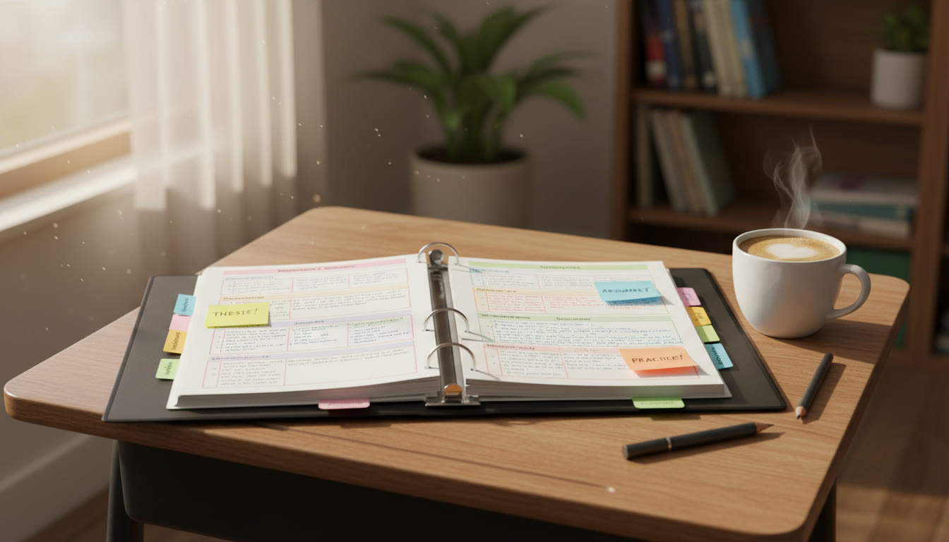 Photo Idea : A neat three-ring binder opened to colorful, tabbed FRQ templates with sticky-note reminders; natural light, a high school desk, and a coffee cup to suggest a study session.