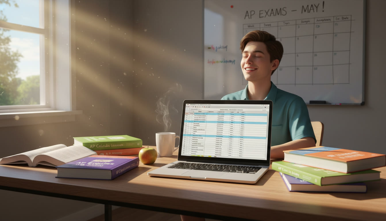 Photo Idea : A student at a desk surrounded by open AP textbooks and a laptop showing a spreadsheet. Sunlight streams in — the scene suggests organized planning and calm focus.