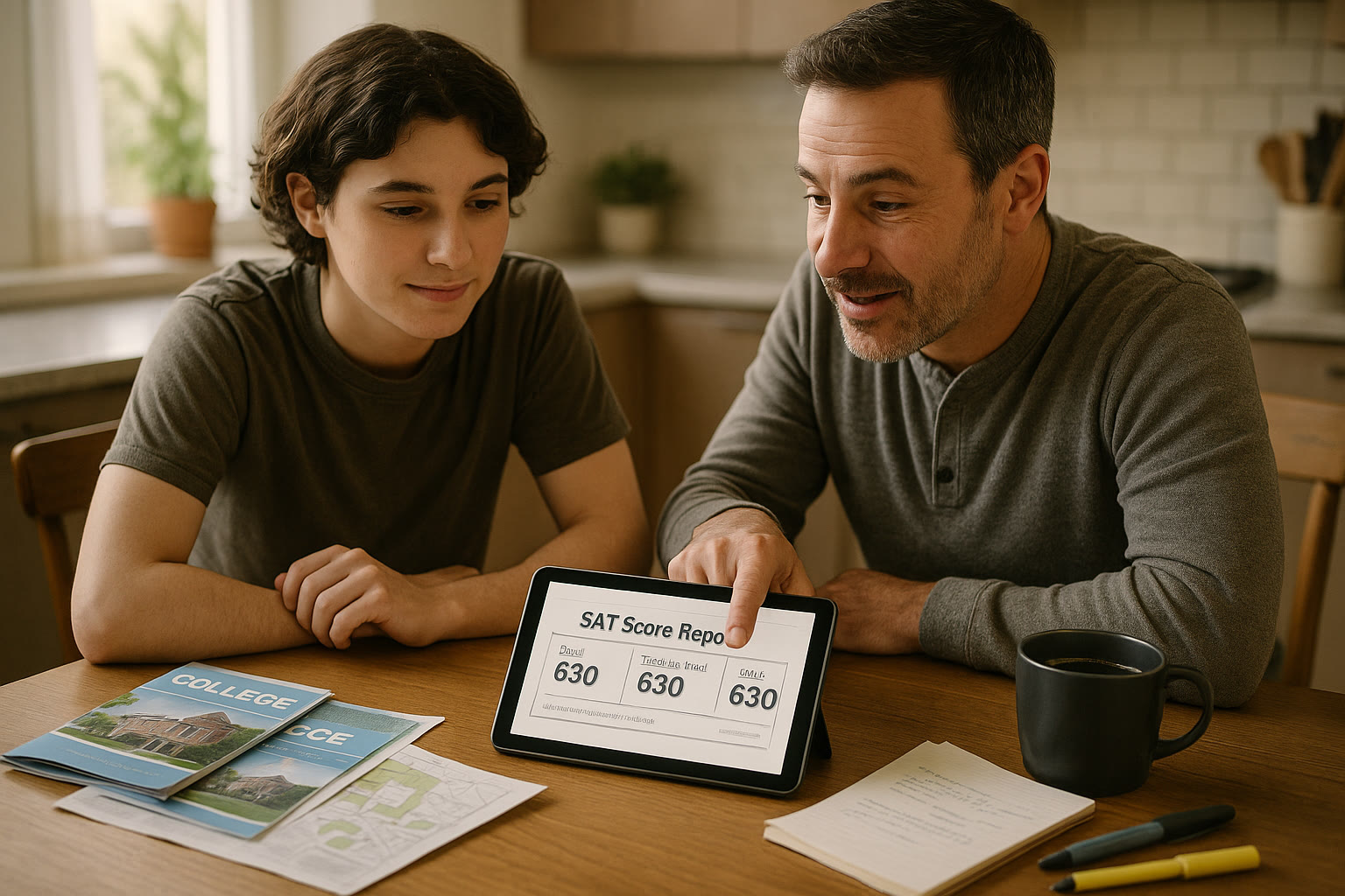 Photo Idea : A student and parent at a kitchen table reviewing an SAT score report together on a tablet, with college brochures and a campus map spread out.